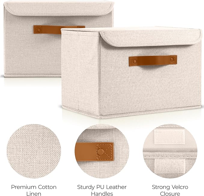 ZICOTO Decorative Linen Storage Boxes with Lids - Large Set of 2 Organizer Bins for Your Home Decor - The Perfect Container to Safely Store Photos, Documents and Memory Box Keepsakes in Style
