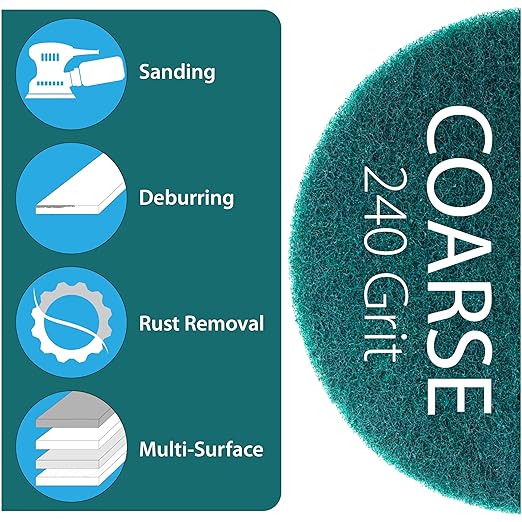 5" Abrasive Pad Hook & Loop Round Non-Woven Surface Prep Discs for Wood, Metal, Paint Stripping, Rust Removal, Deburring, Clean Soiled Surfaces, Coarse Scuff Pads - 240 Grit - 10 Pack (Green)