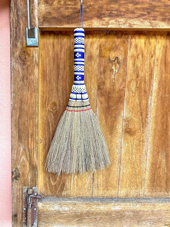 Small Corn Wisk Brush Broom 11 Inch Blue, Red Flagged Indoor Heavy Duty Multi Surface Hard & Soft Floor 100% Handmade(Blue), AW038-AW0038, length 11 Inch, wide 4.5 inch,