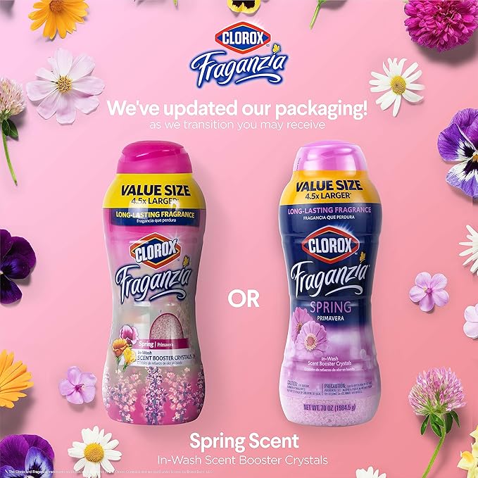 Clorox Fraganzia Laundry Scent Booster Crystals, In-Wash Fragrance Beads for Fresh-Smelling Clothes & Linens, Safe for All Fabrics & Colors, Easy-Pour Bottle, Spring Scent, 70 Oz