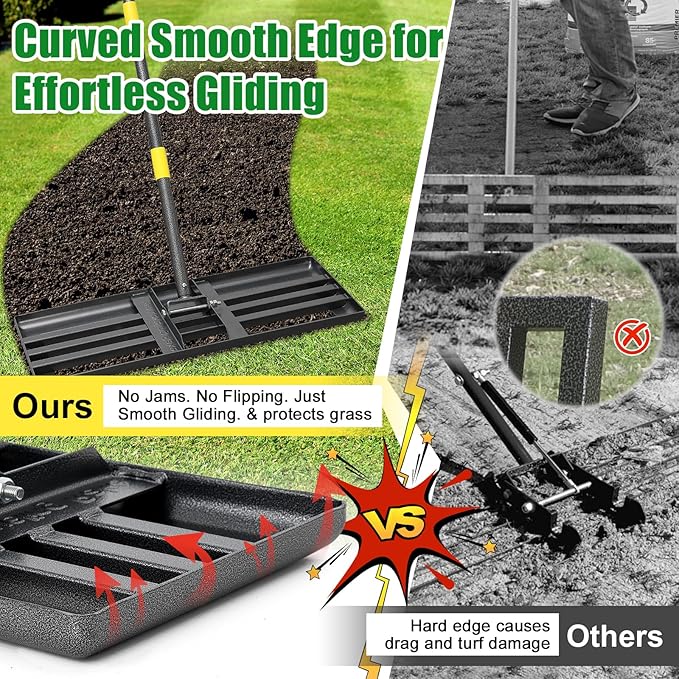 Large Lawn Leveling Rake - Heavy Duty 30"x10" Stainless Steel Leveler Plate,Reinforced Welds,28-72" Adjustable, Anti Flipping Smooth Edge,for Soil, Dirt,Ground,Golf,Yard Top Dressing,Landscaping
