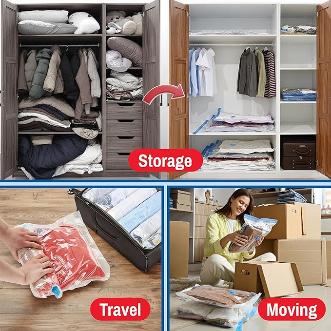 Spacesaver Roll Up Vacuum Storage Bags for Jackets, Suits, Dresses & Clothes – Sealed Compression Bags with Hand Pump – Space Saver Bags for Moving, Travel & Organization - Pack of 8