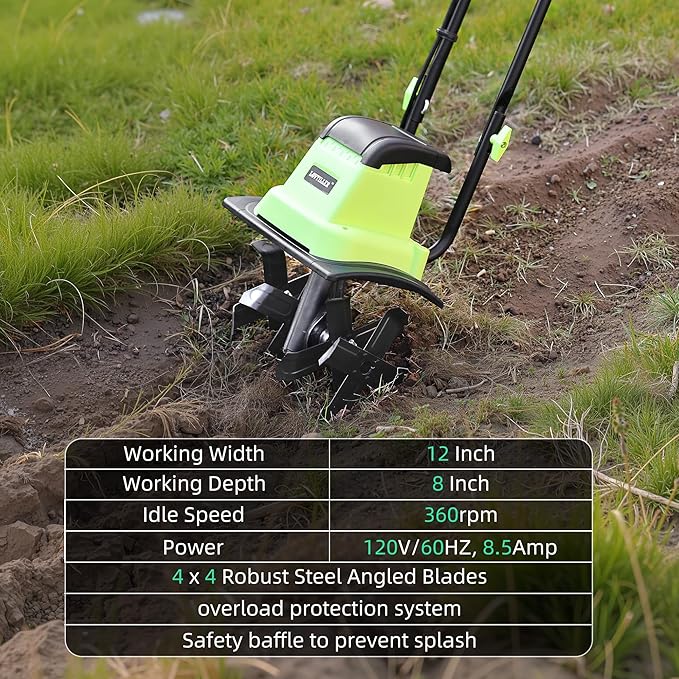 12 Inch Small Electric Corded Garden Tiller Cultivator 8.5 AMP Power Rototiller for Gardening