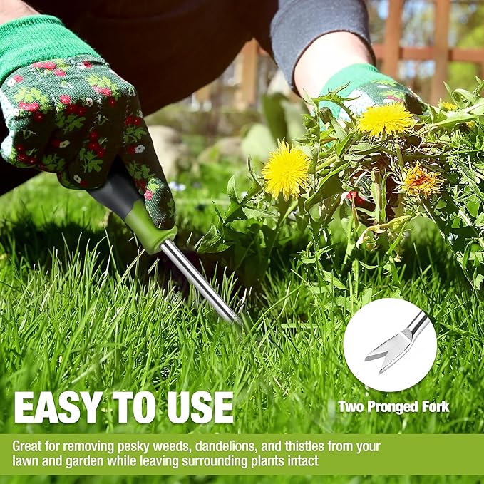 WORKPRO 11.5" Dandelion Weeder Puller Tool with Soft Handle, Polished Stainless Steel Garden Weed Remover Tool, Two-Pronged Fork Weeder Tool for Lawn Farmland Transplant Gardening Plant Tool