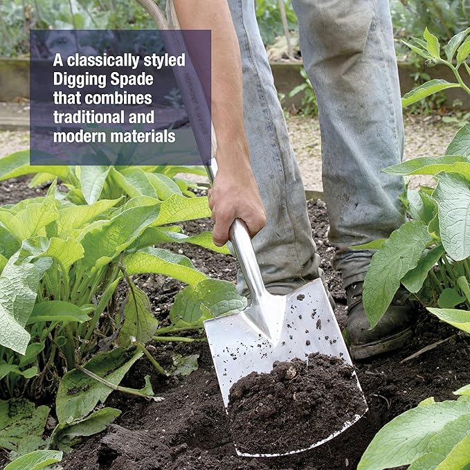 Spear & Jackson Digging Spade, Traditional Stainless Range Garden Tool, Treaded Stainless Steel Head and Ash Wood Handle for Efficient Soil Digging
