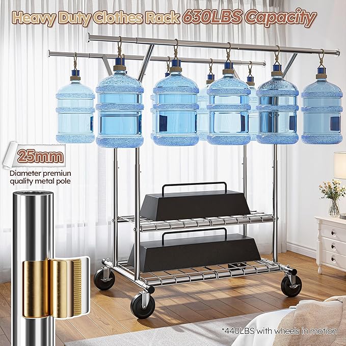 Raybee Clothing Rack Load 630 LBS, Clothes Racks for Hanging Clothes, Rolling Heavy Duty Clothing Rack, Metal Garment Rack for Clothes Storage Bedroom Closet Laundry Room