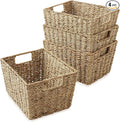 Casafield Set of 4 Seagrass Storage Baskets with Handles - Natural, Woven Rectangular Storage Bins for Shelves, Blankets, Laundry Organization