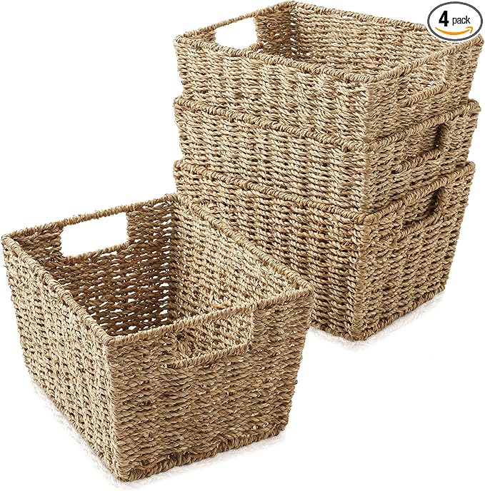 Casafield Set of 4 Seagrass Storage Baskets with Handles - Natural, Woven Rectangular Storage Bins for Shelves, Blankets, Laundry Organization
