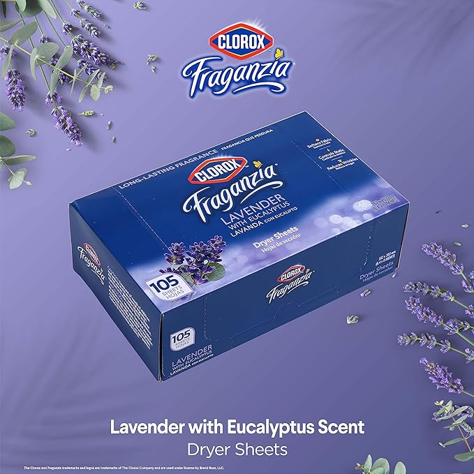 Clorox Fraganzia Fabric Softener Dryer Sheets, Wrinkle Reducing and Anti Static Laundry Dryer Sheets for Great Smelling Clothes, Softens Fabrics, Lavender with Eucalyptus Scent, 105 Count - 6 Pack