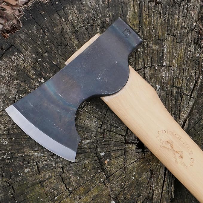 COUNCIL TOOL Wood-Craft Camp Carver Axe - 1.7 lbs Bushcraft Axe with 16" Curved Hickory Handle & Leather Sheath - WC17CCA16C