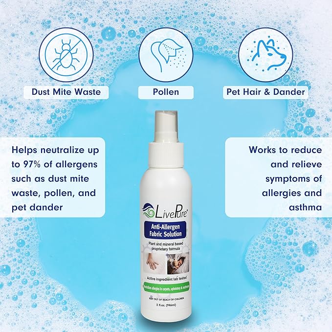 LivePure Anti-Allergen 3 OZ Fabric Spray for Household Surfaces. Plant-Based Allergy Spray for Dust Mites and Pet Dander. Fragrance Free - 5 Pack