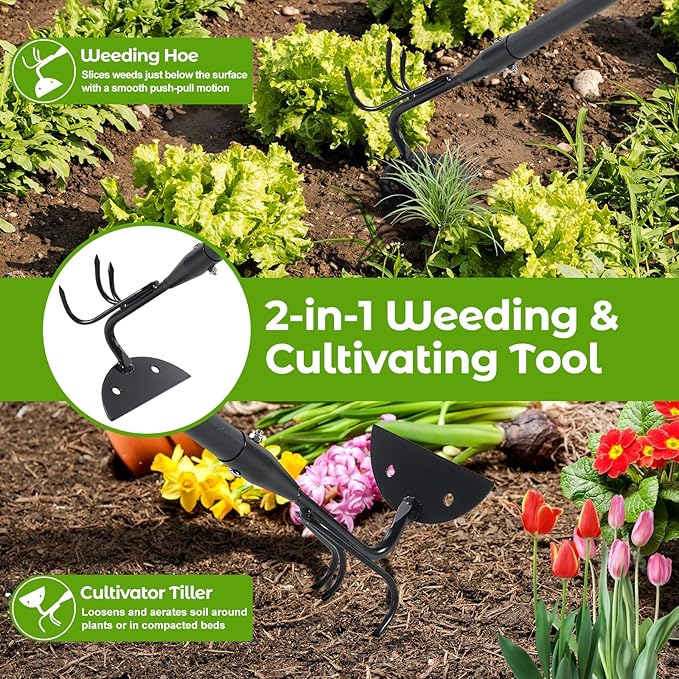 Garden Hoe, 2 in 1 Weeding Hoe and Cultivator Soil Tiller,52" Long Handle, Heavy Duty Hoe Garden Tool for Weeding, Loosening Soil, Cultivating, Gardening
