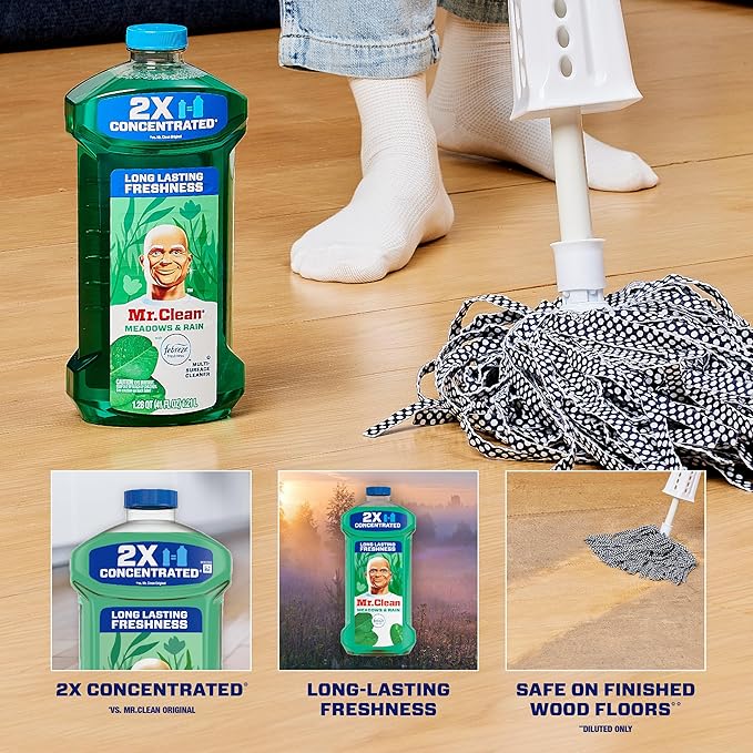 Mr. Clean All Purpose Cleaner, Floor Cleaner for Mopping Home, Bathroom, & Kitchen, Cleaning Liquid for Mop & Bucket, Cleaning Supplies, Multi-Surface Dilutable, Meadows & Rain, 41oz (Pack of 2)