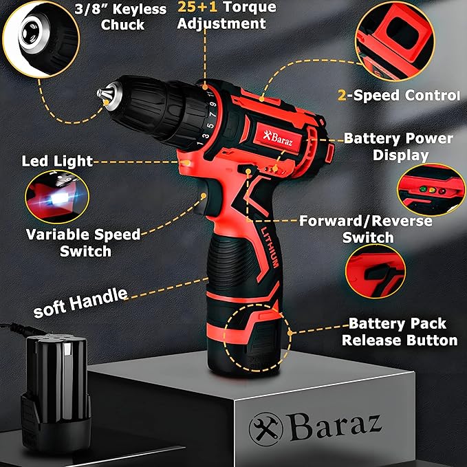 Baraz Tool Kit set With Drill (2 Battery), 126 Pcs Power Tool Set for home, 18v Cordless Drill And Tool box For Household, Homeowners, Office, Garden, House Repair And Maintenance, perfect Gift Idea