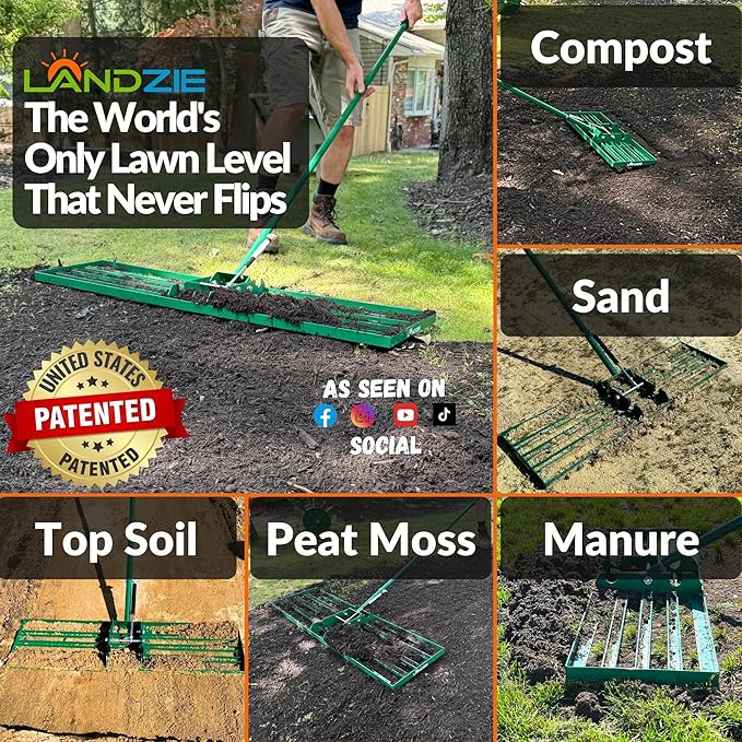Landzie AeroLeveler - The Lawn Leveling Rake That Never Flips - Patented 48" inch Wide Pneumatic Lawn Level for Yard, Dirt, Soil, Sand, Provides Stability and Control (Pneumatic 48" Leveling rake)
