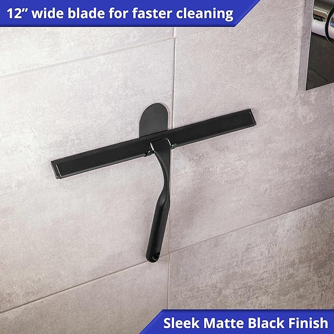 HOME SO Shower Squeegee for Glass Doors – Stainless Steel Squeegee with Adhesive Hooks - Window, Floor & Car Squeegee, Multi-Purpose Bathroom, Mirror & Tile Cleaner - Bathroom Essentials - Black 12"