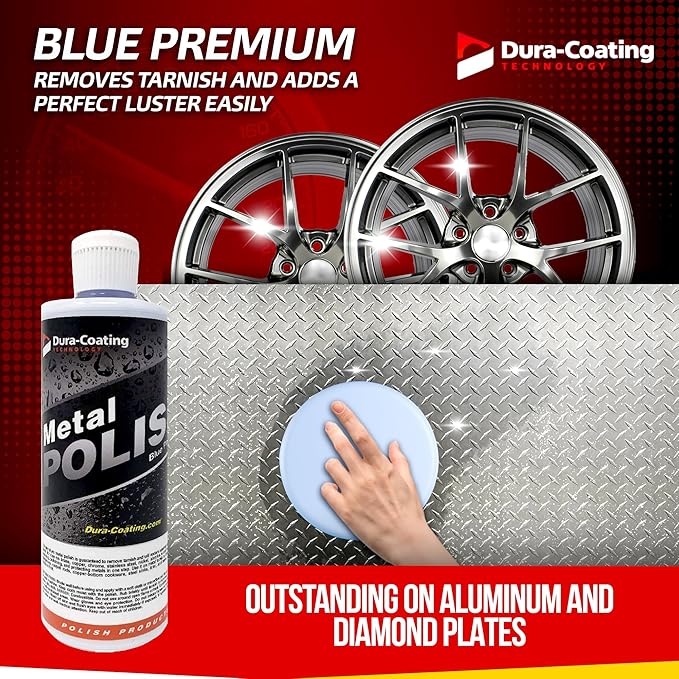 DURA-COATING TECHNOLOGY, Blue Premium Metal Polish - Perfect for Aluminum Wheels, Diamond Plate, Stainless Steel, Copper, Brass, & Nickel - 16oz Polish + 16oz Wheely Clean (Wheel and Tire Cleaner)