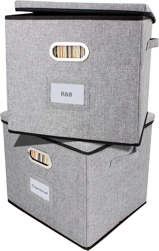 Vinyl Record Storage Box Hold 100+ Lp Albums Foldable Storage Bin with Lid Record Holder for Albums, CDs, DVDs (Grey, Large-2pcs)