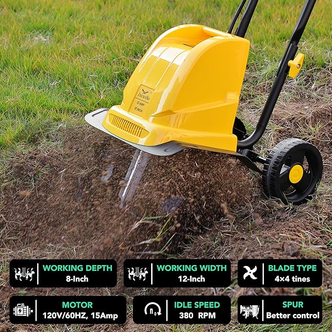 Electric Tiller/Cultivator 4 Steel Tines, Garden Roto Tillers for Gardening, 15Amp 12 Inch Corded Rototiller with Adjustable Wheels