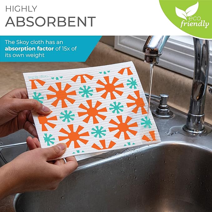 Skoy Cloth 2-Pack Eco-Friendly & Reusable Swedish Dishcloth, for Kitchen & Household Use, Plastic-Free Packaging, Dishwasher Safe, Designer Series – Connections/Sunburst, White Skoy Cloth