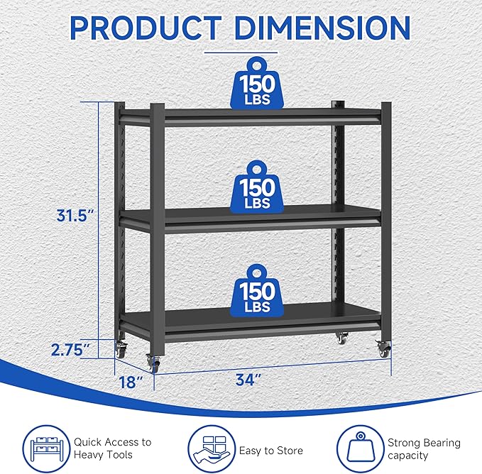 Standing Storage Racks,3 Tier Garage Shelving Heavy Duty Adjustable Garage Shelves,Large Modular Shelving Unit Storage Organizer for Kitchen/Bathroom/Pantry/Office-Assembly Required(Black)