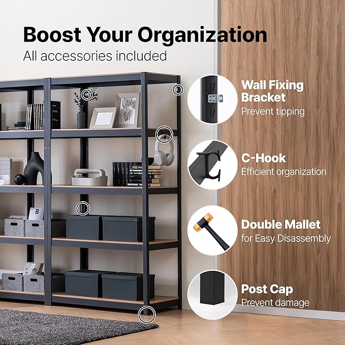 HOMEDANT House 48.1" W 5 Tier Heavy Duty Garage Shelving Adjustable Metal Rack Storage Shelves Standing Shelf Unit Organizers Industrial Warehouse Basement Black 2Pack