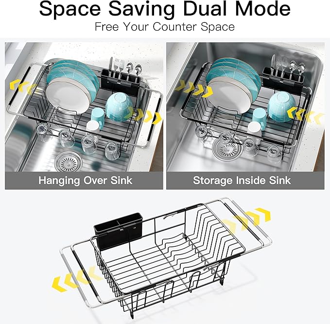 Dish Drying Rack Over the Sink In Stainless Steel Black Expandable Drainer for Small Kitchen, Counter Space Saving Compact Inside Sink Plate Dryer, Adjustable Hanging Metal Wire Strainer Drain Holder