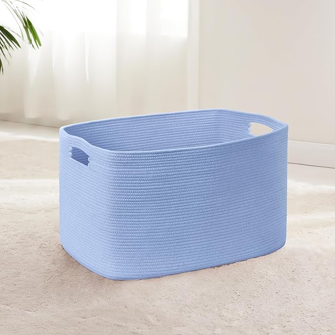 45L Small Baby Girls Laundry Basket for Nursery Storage,Cute Woven cotton Rope Baskets for Kids Toy，Gifts, Boho Square Wicker Blanket hamper for Living Room,Bedroom Dirty Clothes,Blue Purple