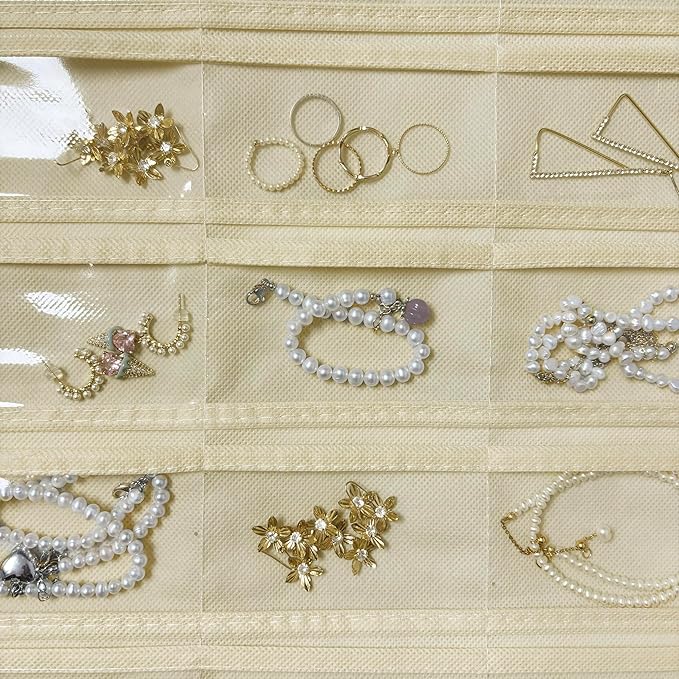 2 Pack Hanging Jewelry Organizer 80-Pocket Dual-sided Jewelry Storage for Earring Necklace Bracelet Ring Travel Holder, Black and Beige