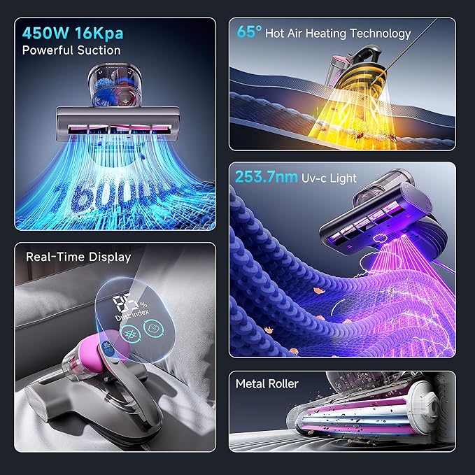 uwant Mattress Vacuum Cleaner, 16Kpa 450W Bed Vacuum Cleaner with 253.7nm UV-C Light, 149°F Heat, 36000 RPM/Min Tapping, HEPA Filter & Ultrasonic, Handheld Vacuums for Bed, Sofa, Couch, Crib, Set of 1