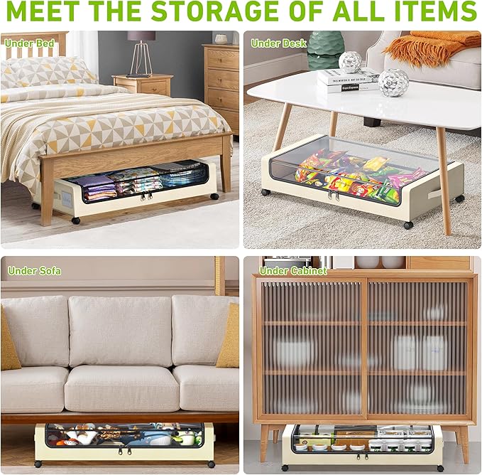Tututry Under Bed Storage with Wheels, XXL 60L Under the Bed Storage Bins, Underbed Storage Containers with Lids & Label, Rolling Metal Drawer for Shoes, Clothes, Books, Toys (2-Pack Beige)