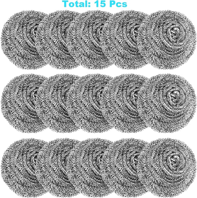 15 Pack Steel Wool Scrubber, Metal Kitchen Scrubbing Sponges, Dishwashing Scouring Pads Heavy Duty, Premium Stainless Steel Scrubbers for Cleaning Dishes Pots and Pans Bathroom Oven (Sliver) by VOPTON