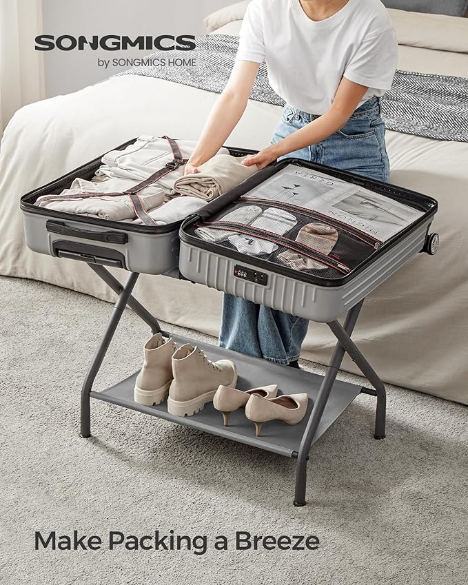 SONGMICS Luggage Racks, Set of 2, Suitcase Stand with Fabric Storage Shelf, for Guest Room, Bedroom, Hotel, Foldable, Holds up to 110 lb, 27.2 x 15 x 20.5 Inches, Slate Gray URLR002G02