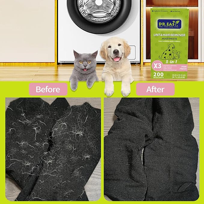 Dr.Easy LINT & HAIR REMOVER Pet HUGESHEETS with 3X Dryer Sheets, PINK FRESH, 200 Count,PLANT&MINERAL-BASED FORMULA