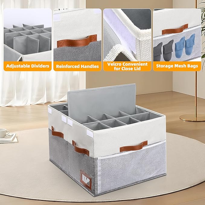 Supowin Shoe Organizer for Closet, Foldable Shoe Storage Bins with Lid & Adjustable Dividers, Fabric Shoe Box Storage Containers with Four Reinforced Handles, Fits 16 Pairs, 1 Pack, Grey