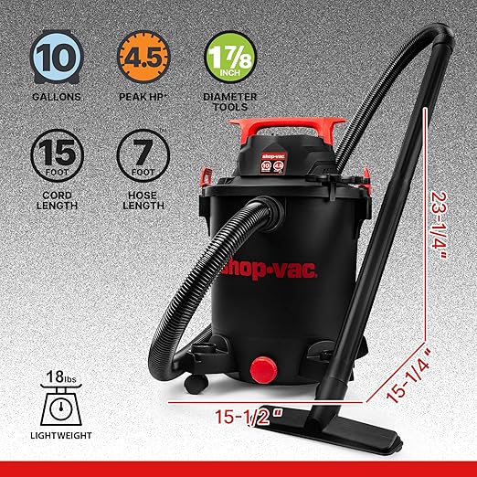 Shop-Vac 5430115 Wet/Dry Vacuum, 10 Gallon, Black, 4.5 Peak HP, 1-7/8 Inch Diameter x 7 ft Hose, 15 ft Cord, Ideal for Jobsite, Garage, Workshop & Home