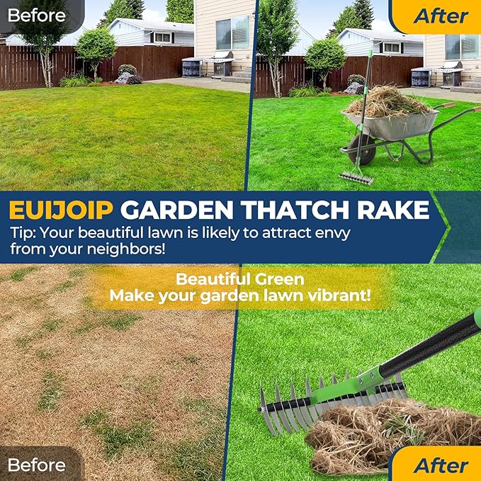 Thatch Rake & Garden Rake 70" – 13" Narrow Dual-Sided Sharp Steel Tines, Adjustable Handle, Lightweight & Reversible Head for Precision Lawn Care, Debris Removal and Soil Leveling