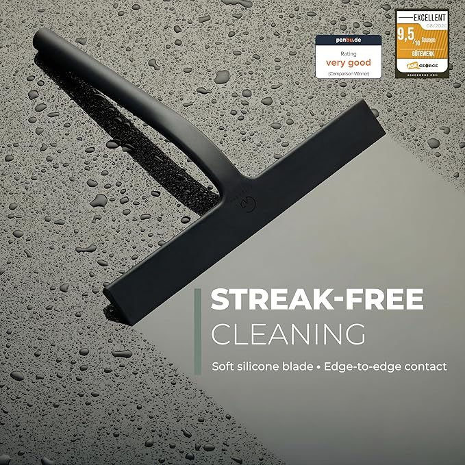 GÜTEWERK Silicone Shower Squeegee for Glass Doors & Mirrors with Stainless Steel Core, Streak-Free & No-Squeak Window Cleaning, 3-in-1 No-Drill Mount (Hook/Suction/Adhesive),Black, 11 Inches