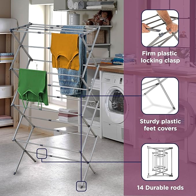 BLACK+DECKER 4-Tier Expandable Collapsible Clothes Drying Rack, Telescopic Height, Foldable Space-Saving Laundry Air Dryer for Towels, Shirts & Delicates – Durable Steel, No Tools Needed