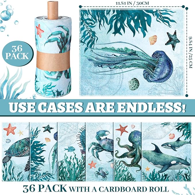 36 Pack Sea Animals Reusable Cleaning Cloths Washable Cotton Kitchen Towels for Home (Blue)