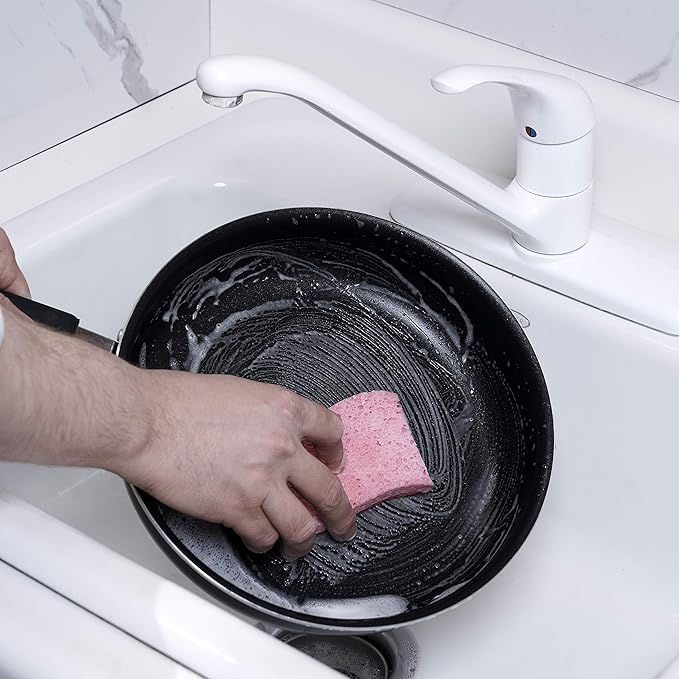Non-Scratch Cellulose Sponge Kitchen Scrub Sponge with Scouring Pad Set, Good for Non-Stick Cookware Frying Pan, Pot, Counter Top, Sink Scrubbing, Kitchen Scrubbers, Pack of 2, (Red/Pink)