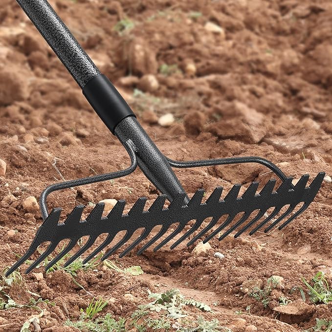60'' Heavy Duty Garden Rake with Stainless Steel Handle, Metal Head for Loosening Soil, Gathering Leaves, Leveling Lawns