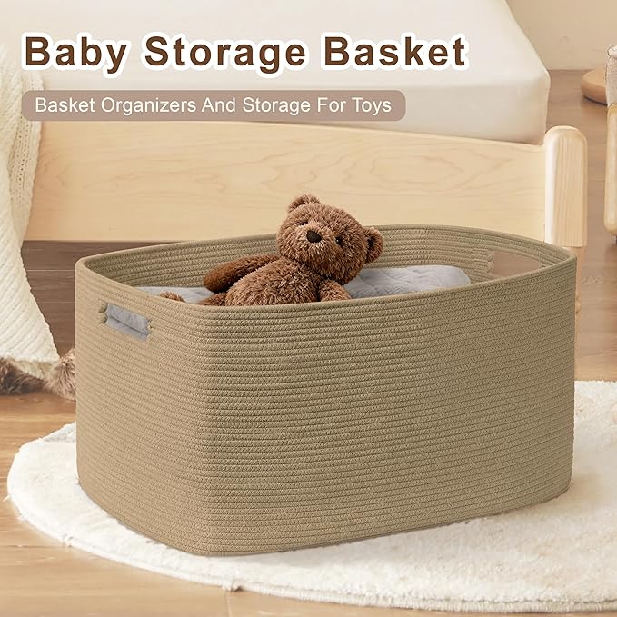 60L Small Wicker Laundry Basket for Living Room Storage,Boho Woven Cotton Rope Baskets for Kids Toy,Gifts,Square Blanket Hamper for Bedroom Dirty Clothes,Jute