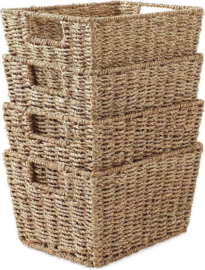 Casafield Set of 4 Seagrass Storage Baskets with Handles - Natural, Woven Rectangular Storage Bins for Shelves, Blankets, Laundry Organization