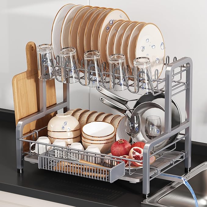 2 Tier Dish Drainer Drying Rack for Kitchen Counter Large Stainless Steel Dishes Drain with Drainboard Set, Space Saving, Big Modern Black Countertop Metal Plate Dryer Strainer Holder and Extra Tray