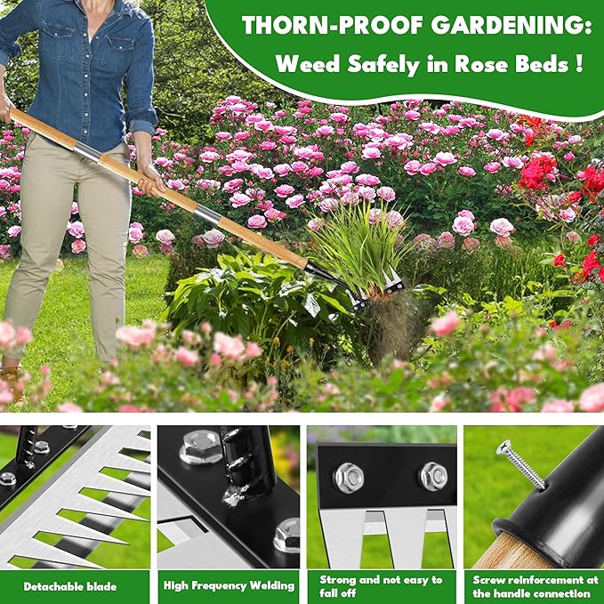 Iron Weeding Rake with Handle 2.0, Upgraded 8 Teeths Garden Weed Puller Tool Heavy Duty Gardening Tool for Lawn, Flower Beds & Soil Aeration