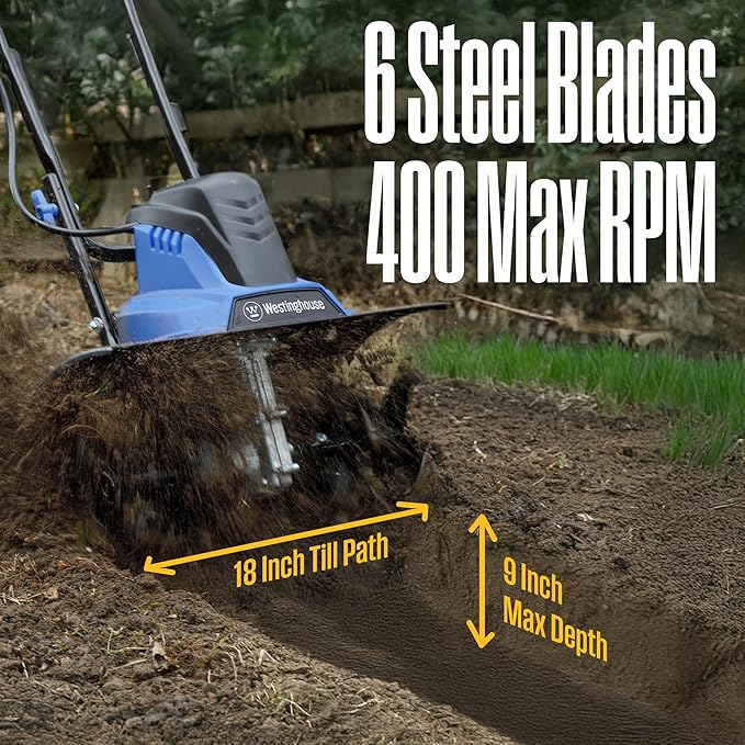 Westinghouse 18-Inch, 15 Amp Corded Electric Tiller Cultivator for Gardening with 6 Steel Blades