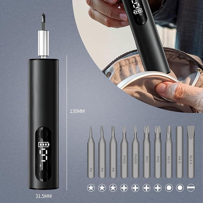 Wireless Charging Electric Screwdriver Set -Cordless Stick Precision Drill with Magnetic Bits, for Electronics/Phone/Watch Repair, DIY & Home Appliances,Multi-Functional Mini screwdriver kit (Black)