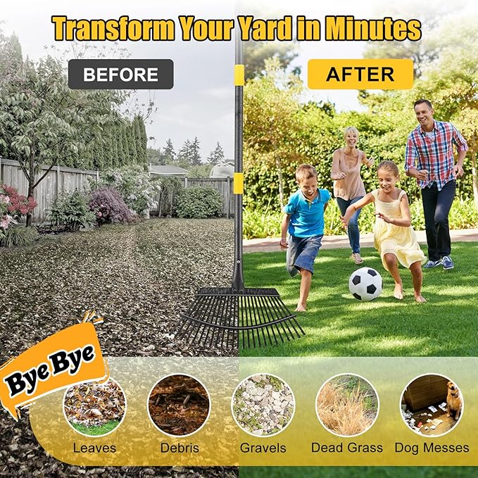 Rake for Leaves: Heavy Duty Metal Leaf Rake with 25 Tines- 18" Wide Head, 79" Splicing Handle, Durable Steel Yard Lawn, Garden,Camping Clean Gardening Tools for Thatch Grass Leaves Gravels Mulch
