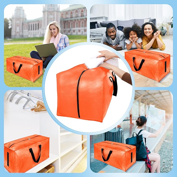 HOMESURE 4 Pack Large Strong Moving Bags with Zippers & Carrying Handles - Water-Resistant - Heavy Duty Storage Tote for Space Saving, Fold Flat, Alternative to Moving Box (Orange)
